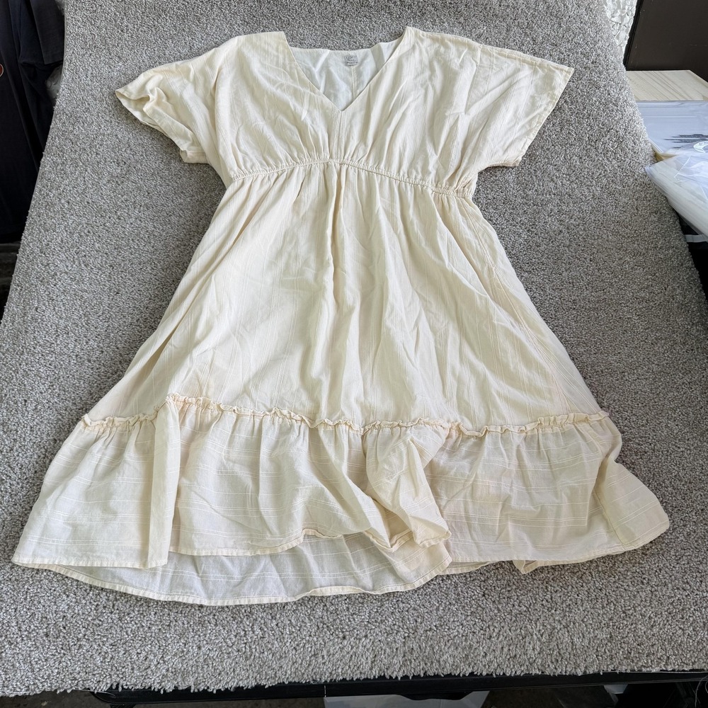 LOFT Beach Dress Womens L White Short Sleeve Ruffle Hem V-Neck Sundress Casual